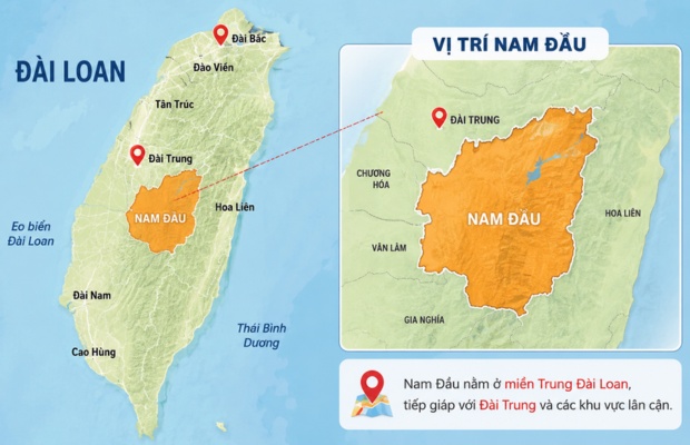 Vị tr&iacute; huyện Nam Đầu ở miền Trung Đ&agrave;i Loan.