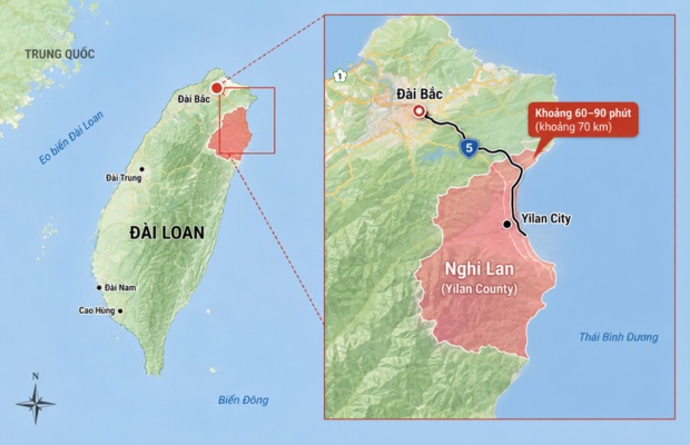 Vị tr&iacute; Nghi Lan ở v&ugrave;ng đ&ocirc;ng bắc Đ&agrave;i Loan.