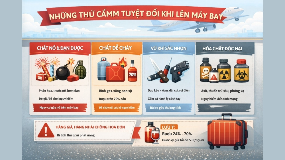 Những thứ kh&ocirc;ng thể mang l&ecirc;n m&aacute;y bay cấm tuyệt đối theo IATA.&nbsp;