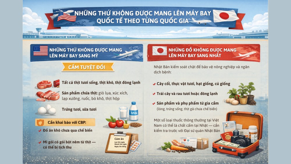 Những thứ kh&ocirc;ng được mang l&ecirc;n m&aacute;y bay sang Mỹ v&agrave; Nhật.&nbsp;