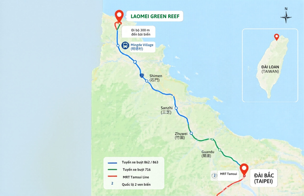 Vị tr&iacute; rạn san h&ocirc; Laomei Green Reef c&aacute;ch trung t&acirc;m Đ&agrave;i Bắc khoảng 54 km