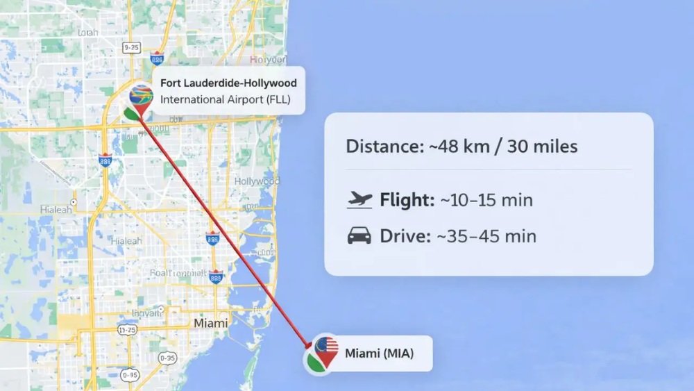 So s&aacute;nh vị tr&iacute; s&acirc;n bay MIA v&agrave; FLL tr&ecirc;n bản đồ Nam Florida