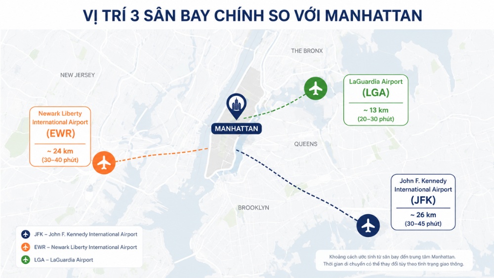 Bản đồ vị tr&iacute; 3 s&acirc;n bay JFK, EWR, LGA