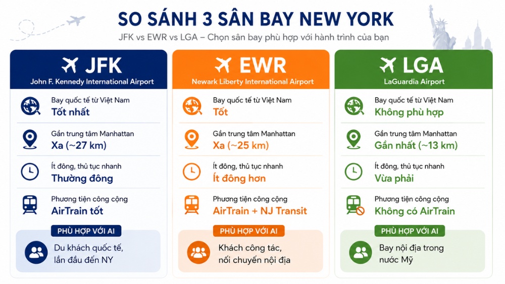 So s&aacute;nh 3 s&acirc;n bay New York &mdash; JFK, EWR v&agrave; LGA 