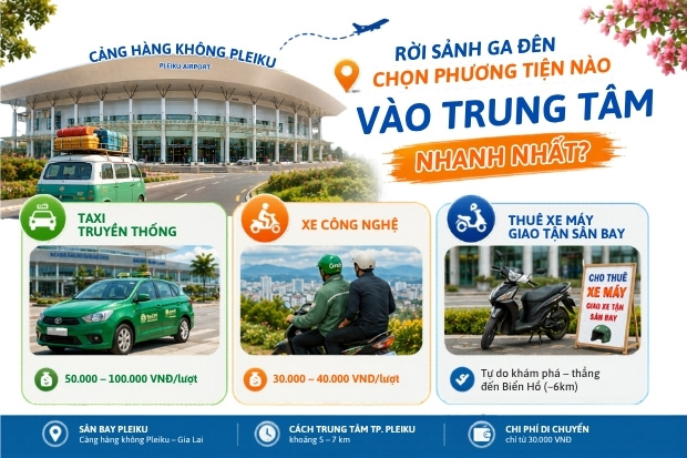 Lộ tr&igrave;nh chi tiết của c&aacute;c h&atilde;ng taxi, xe &ocirc;m c&ocirc;ng nghệ đ&oacute;n kh&aacute;ch tận nơi tại s&acirc;n bay Pleiku