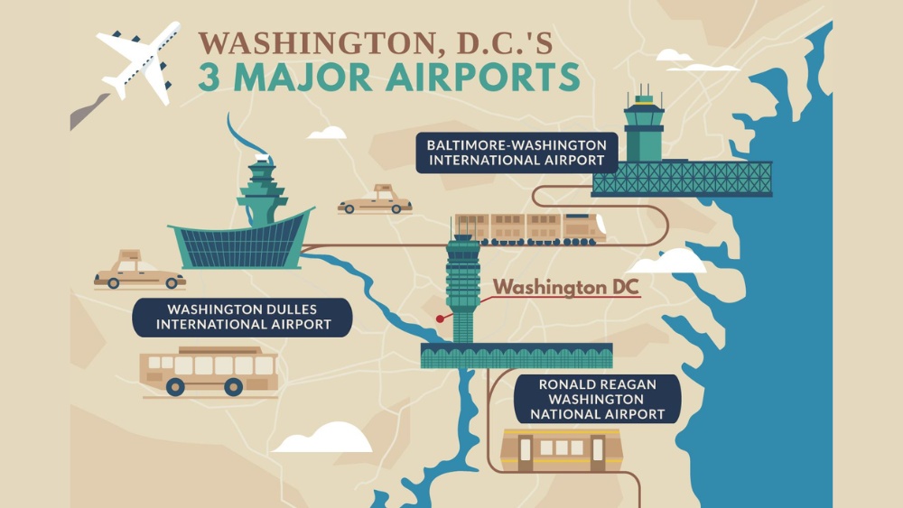 Bản đồ vị tr&iacute; 3 s&acirc;n bay phục vụ khu vực Washington D.C. &mdash; DCA, IAD v&agrave; BWI 