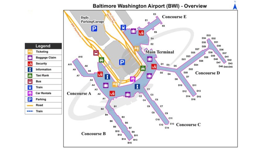 Sơ đồ 5 concourse của s&acirc;n bay BWI