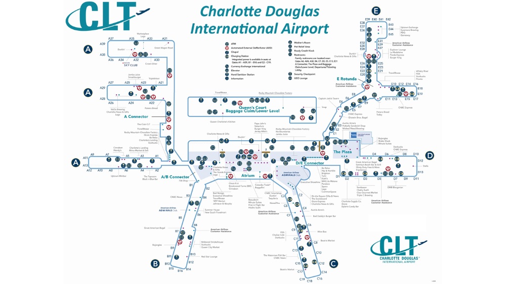 Sơ đồ tổng thể c&aacute;c ph&ograve;ng chờ A, B, C, D, E tại s&acirc;n bay Charlotte