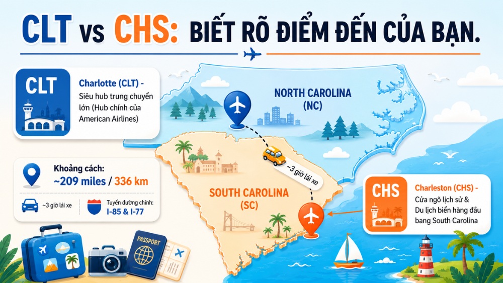 So s&aacute;nh vị tr&iacute; s&acirc;n bay Charlotte (CLT) v&agrave; s&acirc;n bay Charleston (CHS) tr&ecirc;n bản đồ 

