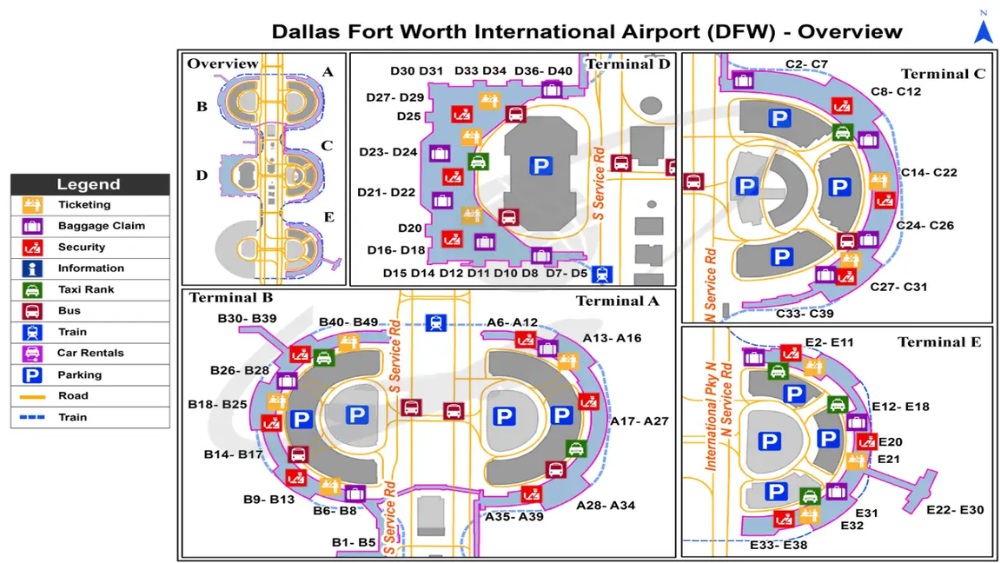Bản đồ tổng thể 5 nh&agrave; ga tại s&acirc;n bay quốc tế Dallas Fort Worth 