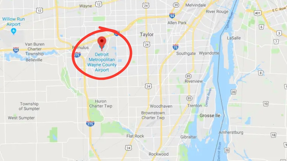Bản đồ vị tr&iacute; s&acirc;n bay Detroit DTW so với trung t&acirc;m th&agrave;nh phố