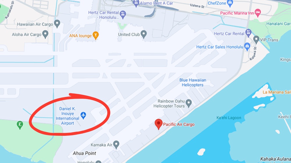 Bản đồ vị tr&iacute; s&acirc;n bay quốc tế Honolulu tr&ecirc;n đảo Oahu, Hawaii 