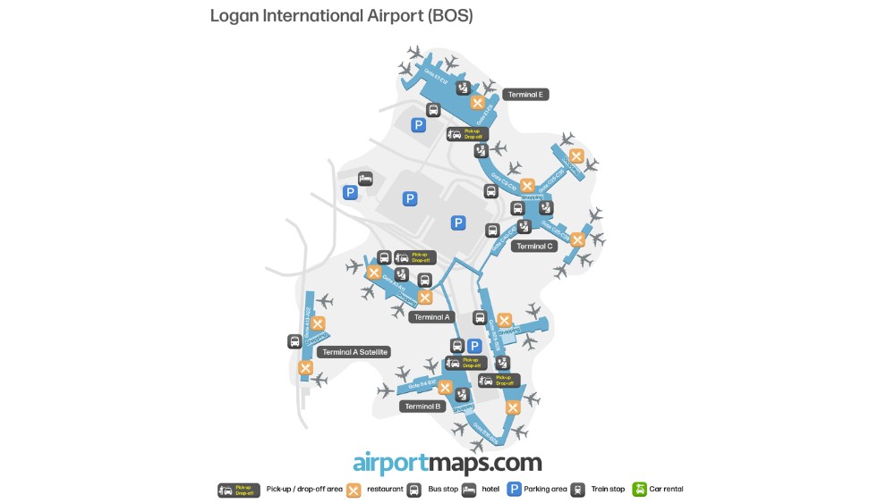 Sơ đồ mặt bằng 4 nh&agrave; ga s&acirc;n bay Logan BOS 