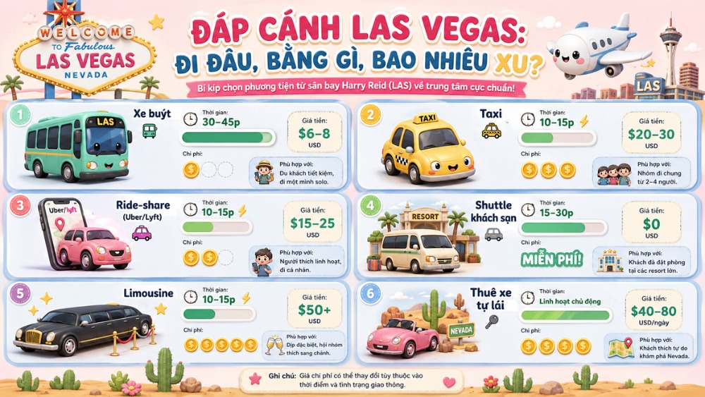 Bảng so s&aacute;nh phương tiện di chuyển từ s&acirc;n bay McCarran Las Vegas v&agrave;o trung t&acirc;m