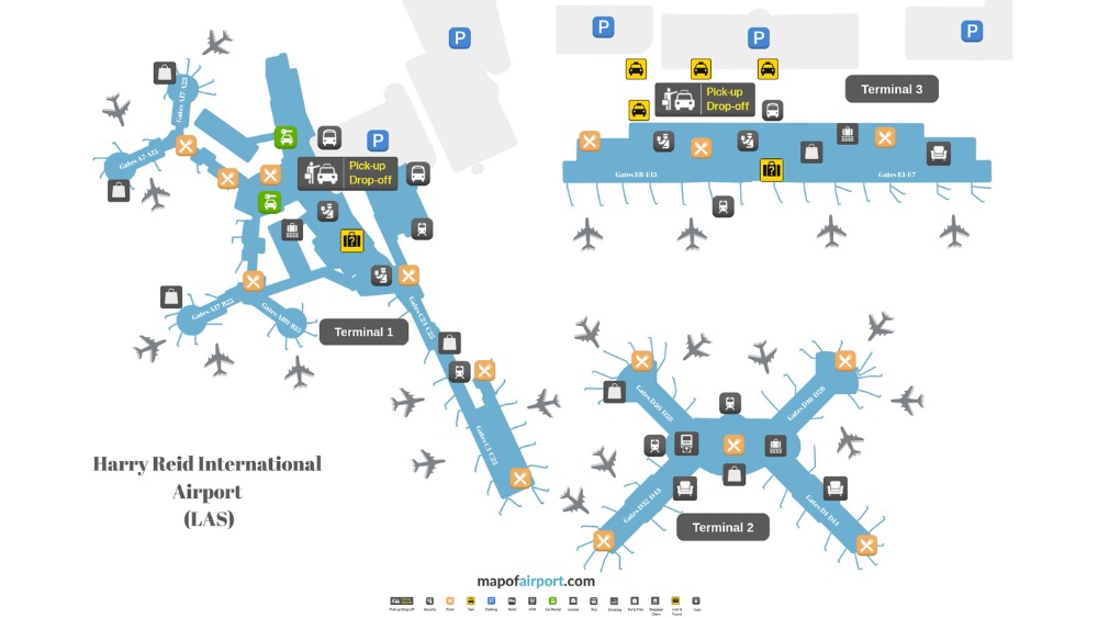 Sơ đồ bố tr&iacute; nh&agrave; ga Terminal 1 v&agrave; Terminal 3 s&acirc;n bay McCarran Las Vegas 