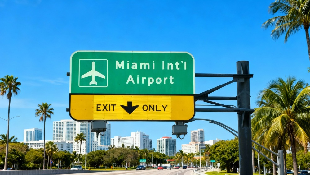 Logo v&agrave; bảng chỉ dẫn m&atilde; IATA MIA tại cổng check-in s&acirc;n bay Miami 