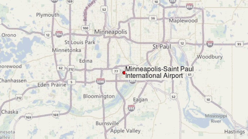 Vị trí sân bay Minneapolis Saint Paul trên bản đồ tiểu bang Minnesota