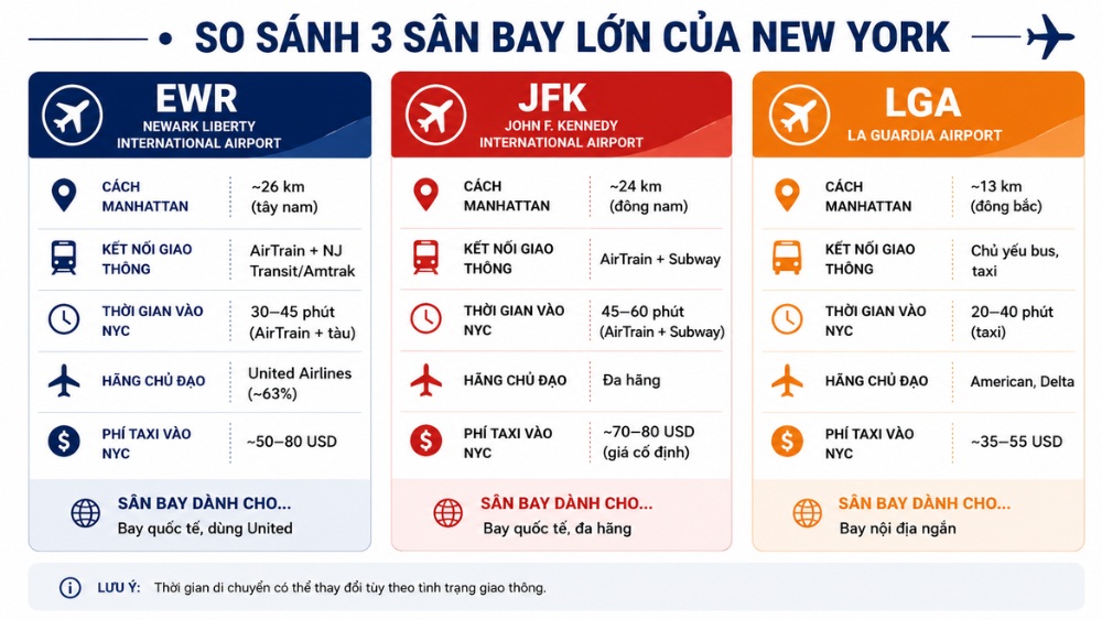 o s&aacute;nh ba s&acirc;n bay lớn của New York: EWR, JFK v&agrave; LGA