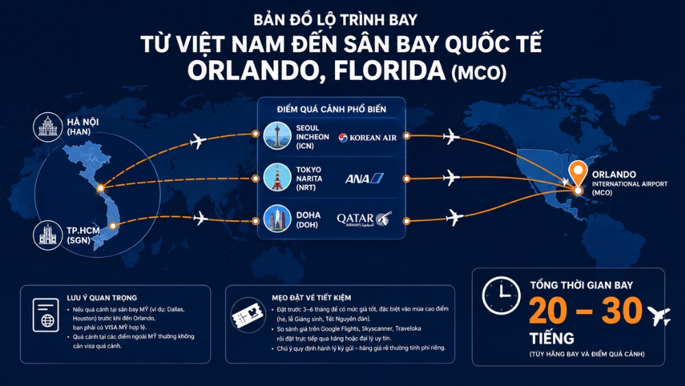 Bản đồ lộ tr&igrave;nh bay từ Việt Nam đến s&acirc;n bay quốc tế Orlando Florida 
