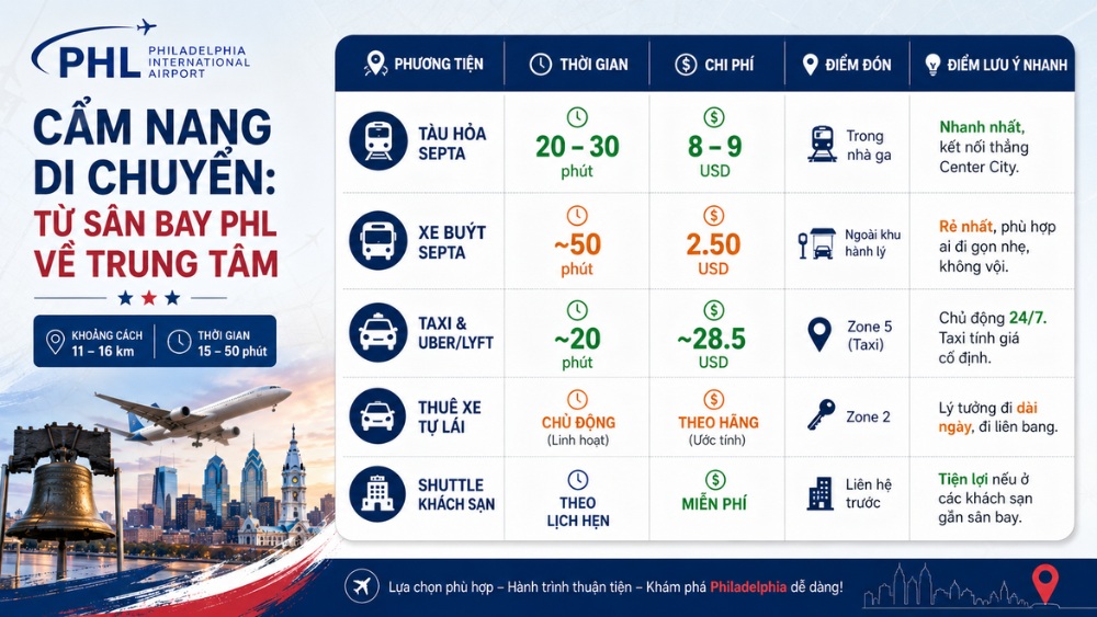 Bảng so s&aacute;nh 5 phương tiện di chuyển từ s&acirc;n bay Philadelphia