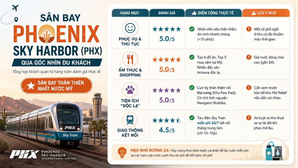 Bảng đ&aacute;nh gi&aacute; tổng quan s&acirc;n bay quốc tế Phoenix Sky Harbor (PHX)