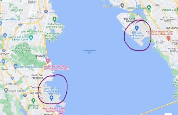vị tr&iacute; SFO v&agrave; OAK 