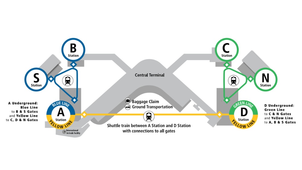 Sơ đồ nh&agrave; ga ch&iacute;nh s&acirc;n bay Seattle-Tacoma với 4 ph&ograve;ng chờ A, B, C, D