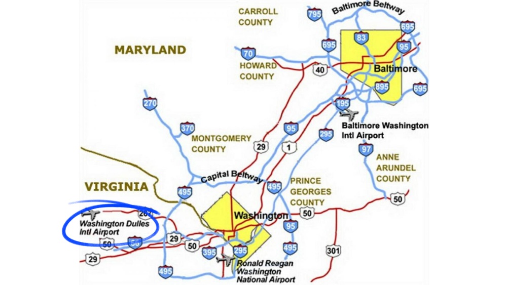 Bản đồ vị tr&iacute; s&acirc;n bay Washington Dulles tại Washington DC