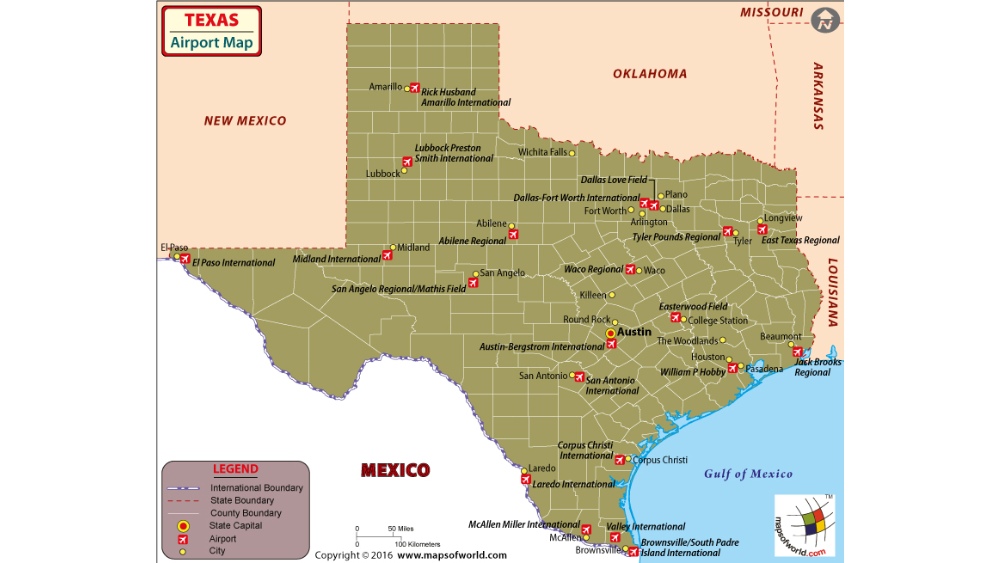 Bản đồ c&aacute;c s&acirc;n bay ch&iacute;nh tại tiểu bang Texas