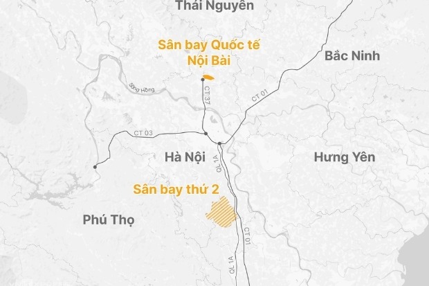 Bản đồ vị tr&iacute; quy hoạch ph&iacute;a Nam x&acirc;y dựng s&acirc;n bay thứ 2 tại H&agrave; Nội giai đoạn 2031 - 2045 