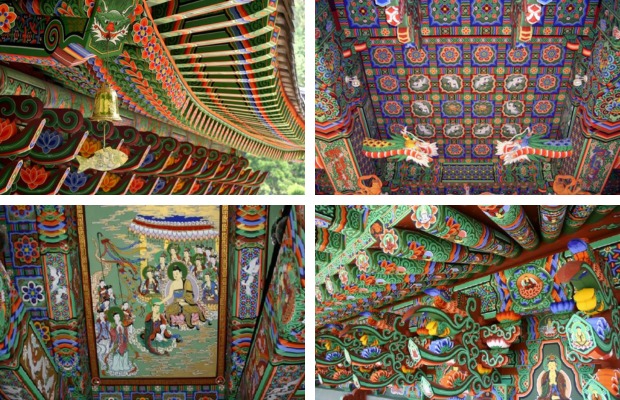 M&agrave;u sơn Dancheong v&agrave; hoa văn chạm khắc tại Bảo điện Daeungjeon.