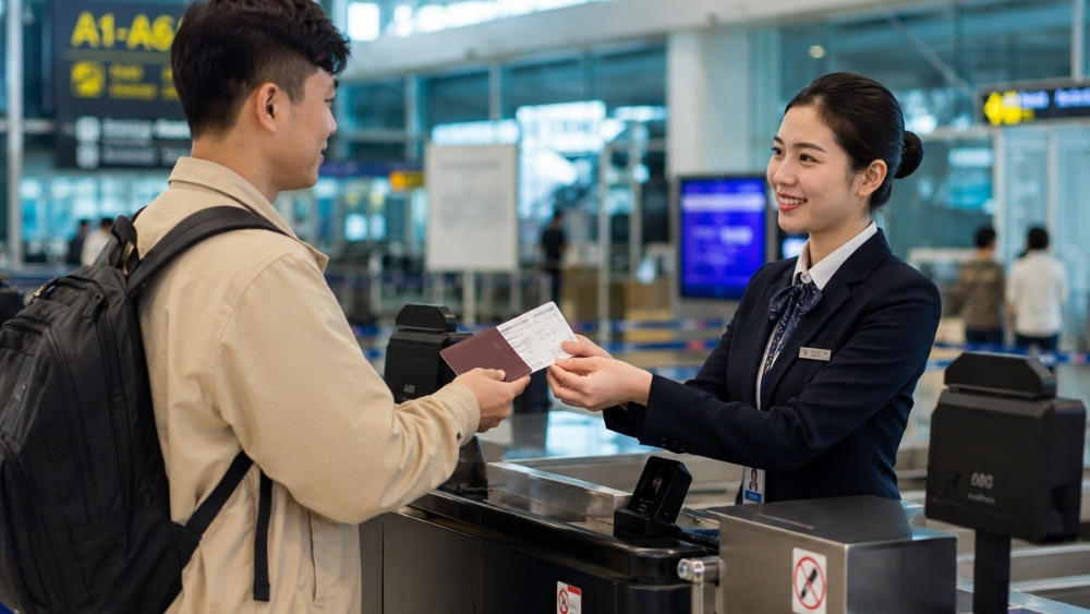  Nh&acirc;n vi&ecirc;n s&acirc;n bay kiểm tra giấy tờ t&ugrave;y th&acirc;n v&agrave; v&eacute; m&aacute;y bay.
