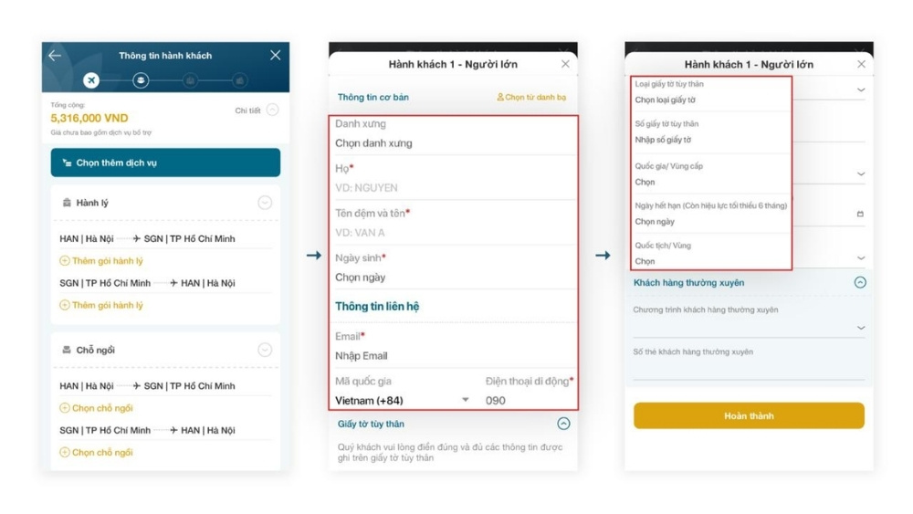 Người d&ugrave;ng nhập th&ocirc;ng tin h&agrave;nh kh&aacute;ch tr&ecirc;n website đặt v&eacute;