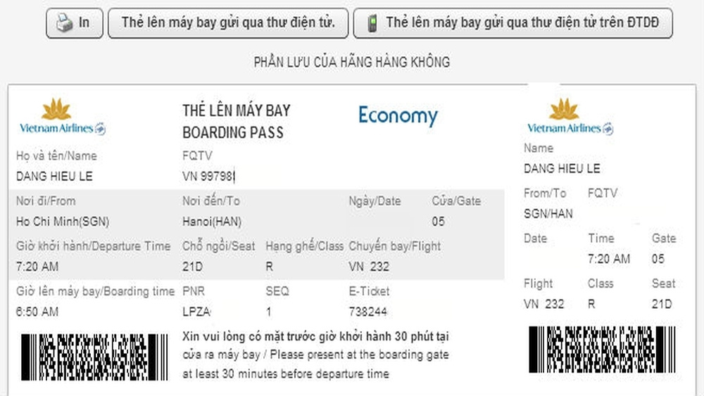 V&eacute; điện tử Vietnam Airlines hiển thị họ t&ecirc;n h&agrave;nh kh&aacute;ch
