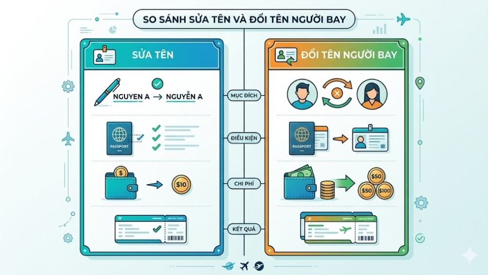 Infographic so s&aacute;nh "Sửa t&ecirc;n" v&agrave; "Đổi t&ecirc;n người bay".
