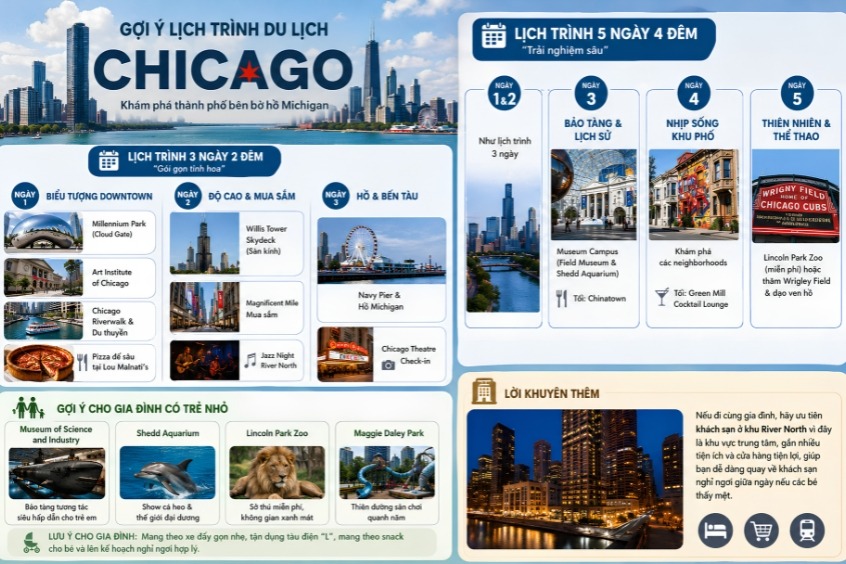 Cẩm nang chi tiết lịch tr&igrave;nh du lịch Chicago (5 ng&agrave;y 4 đ&ecirc;m v&agrave; 3 ng&agrave;y 2 đ&ecirc;m).