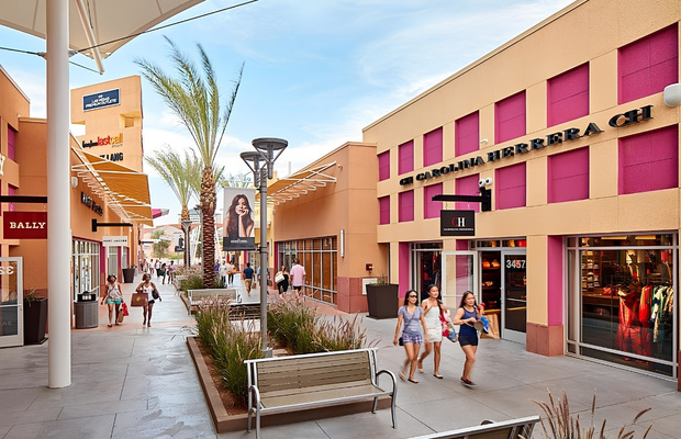 Kh&aacute;ch du lịch h&agrave;o hứng x&aacute;ch c&aacute;c t&uacute;i đồ mua sắm b&ecirc;n trong khu Outlet sầm uất tại Las Vegas