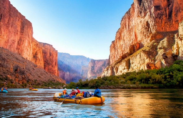 Du kh&aacute;ch ch&egrave;o thuyền tr&ecirc;n s&ocirc;ng Colorado giữa l&ograve;ng Grand Canyon
