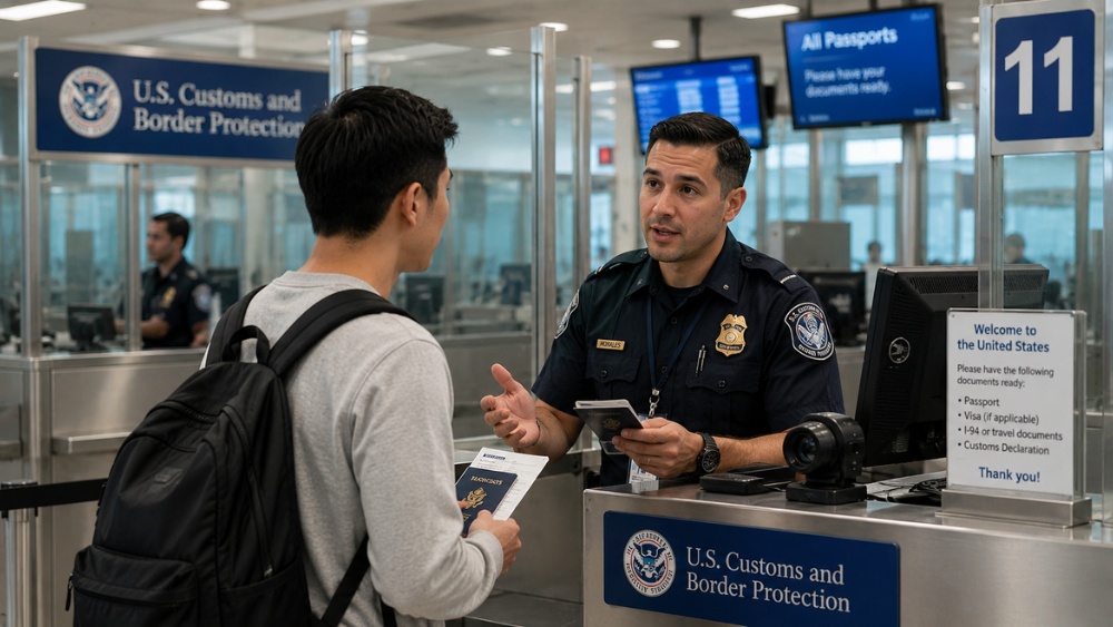 Nh&acirc;n vi&ecirc;n CBP phỏng vấn h&agrave;nh kh&aacute;ch về những c&acirc;u hỏi ở hải quan Mỹ v&agrave; hải quan hỏi g&igrave; khi nhập cảnh
