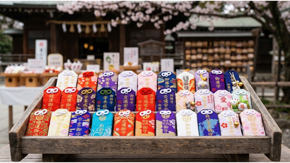 B&ugrave;a may mắn Omamori được b&aacute;n tại c&aacute;c đền ch&ugrave;a Nhật Bản