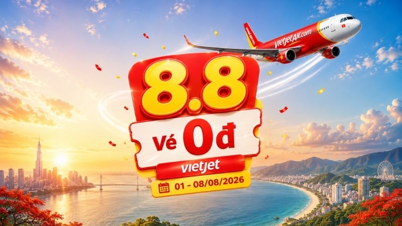 Vietjet khuyến mãi 0 đồng: Săn sale ngày đôi 8/8/2026 cực dễ