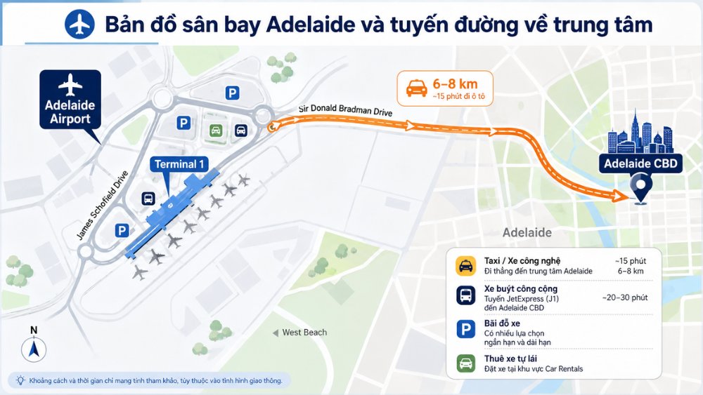 sơ đồ s&acirc;n bay Adelaide v&agrave; tuyến đường về trung t&acirc;m