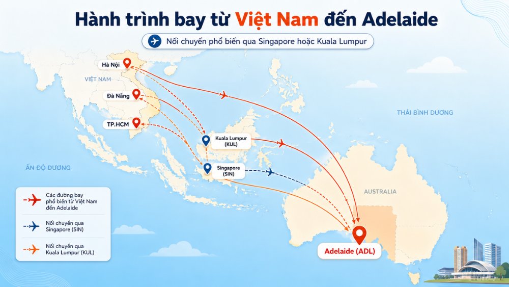 bản đồ m&aacute;y bay từ Việt Nam đi Adelaide