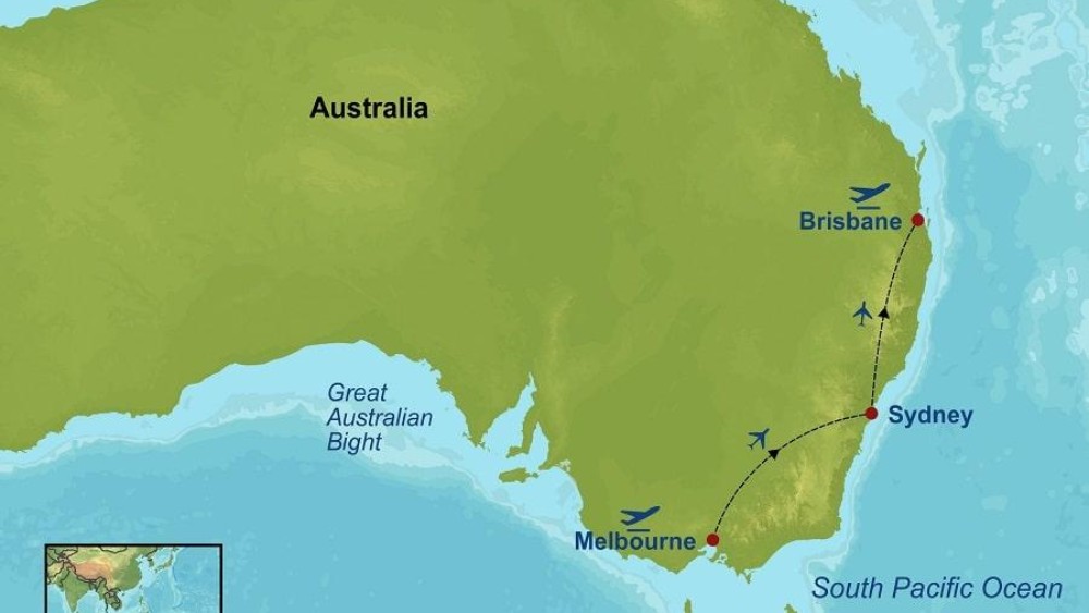 bản đồ vị tr&iacute; Brisbane c&aacute;ch Sydney v&agrave; Melbourne tại Australia