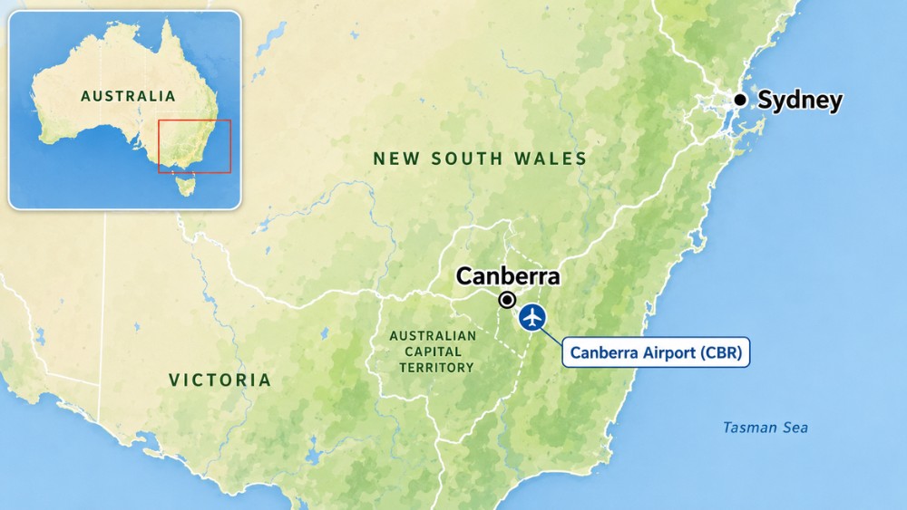 s&acirc;n bay Canberra &Uacute;c tr&ecirc;n bản đồ c&ugrave;ng Sydney