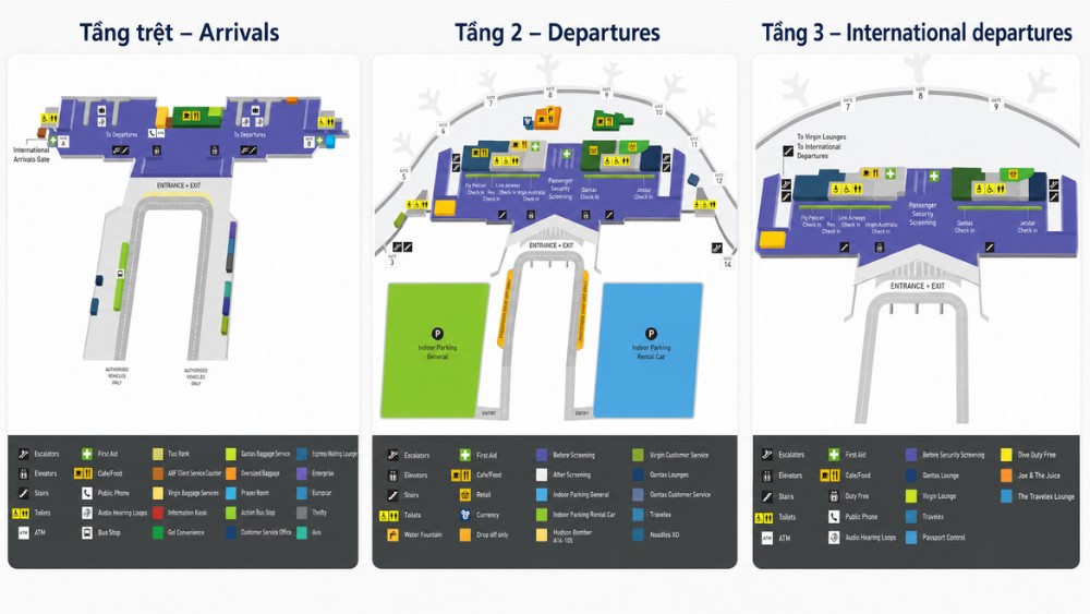 sơ đồ tầng trệt, tầng 2 v&agrave; tầng 3 của Canberra Airport