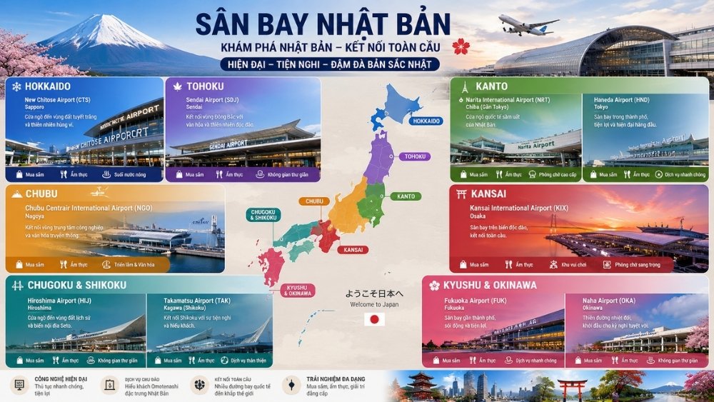 C&aacute;c s&acirc;n bay Nhật Bản theo từng khu vực địa l&yacute;