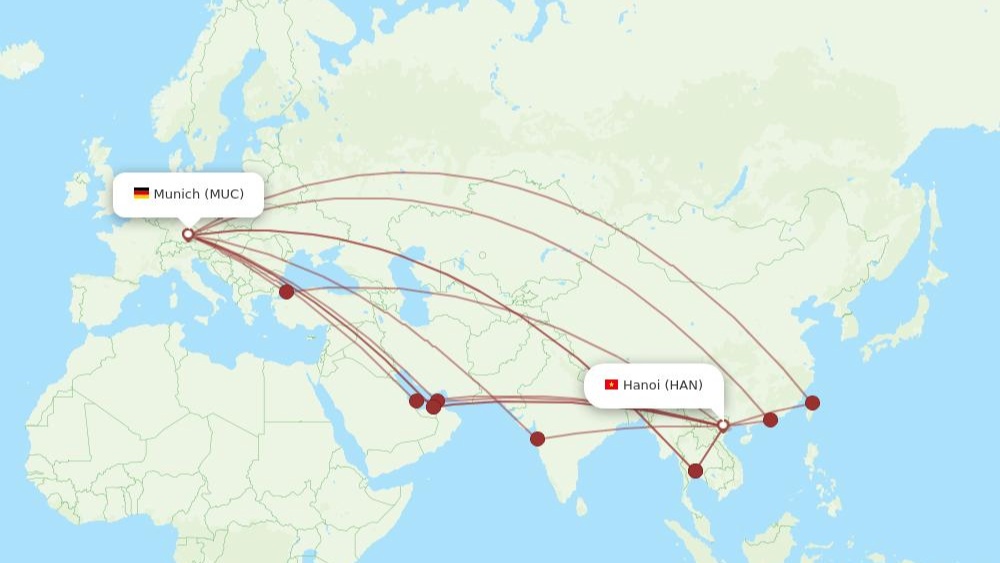 Bản đồ minh họa đường bay nối chuyến từ H&agrave; Nội qua c&aacute;c hub ch&acirc;u &Acirc;u đến Innsbruck