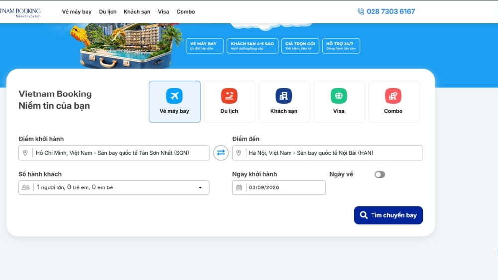 Giao diện đặt v&eacute; Air Cambodia online tr&ecirc;n hệ thống Vietnam Booking