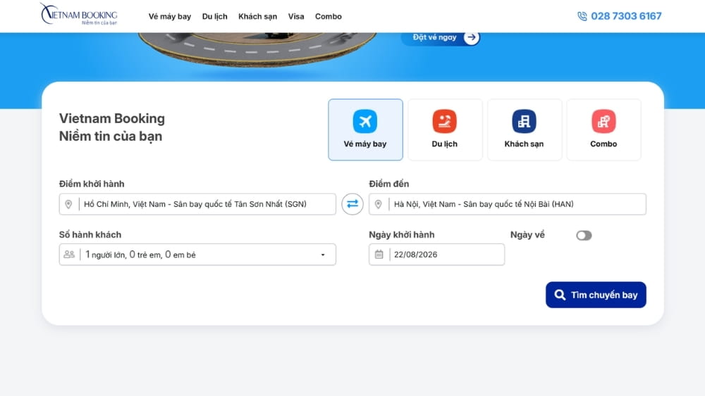 Giao diện đặt v&eacute; m&aacute;y bay online tr&ecirc;n Vietnam Booking